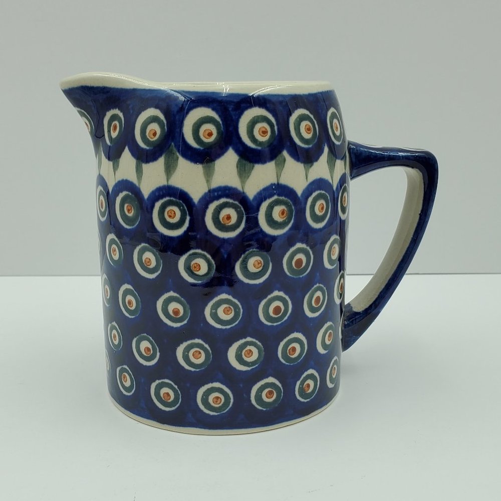 Boleslaweic Polish Pottery Peacock Pitcher Creamer Blue with Cream Green Circles